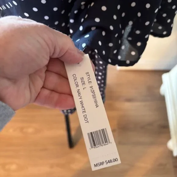 Counterparts NWT Short Flutter Sleeve Navy Polka Dot Blouse Top Large - Picture 2 of 7